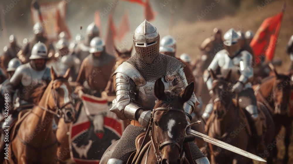 Armored knights charging on medieval battlefield Armored knights charging on medieval battlefield