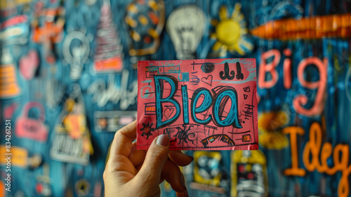 hand holding a sticky note with "Big Idea" against a background filled with colorful doodles and sketches, symbolizing brainstorming and creative planning generative ai