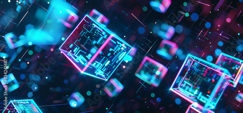 Abstract background with holographic glowing geometric cubes in blue and neon colors on a dark blurred black background photo
