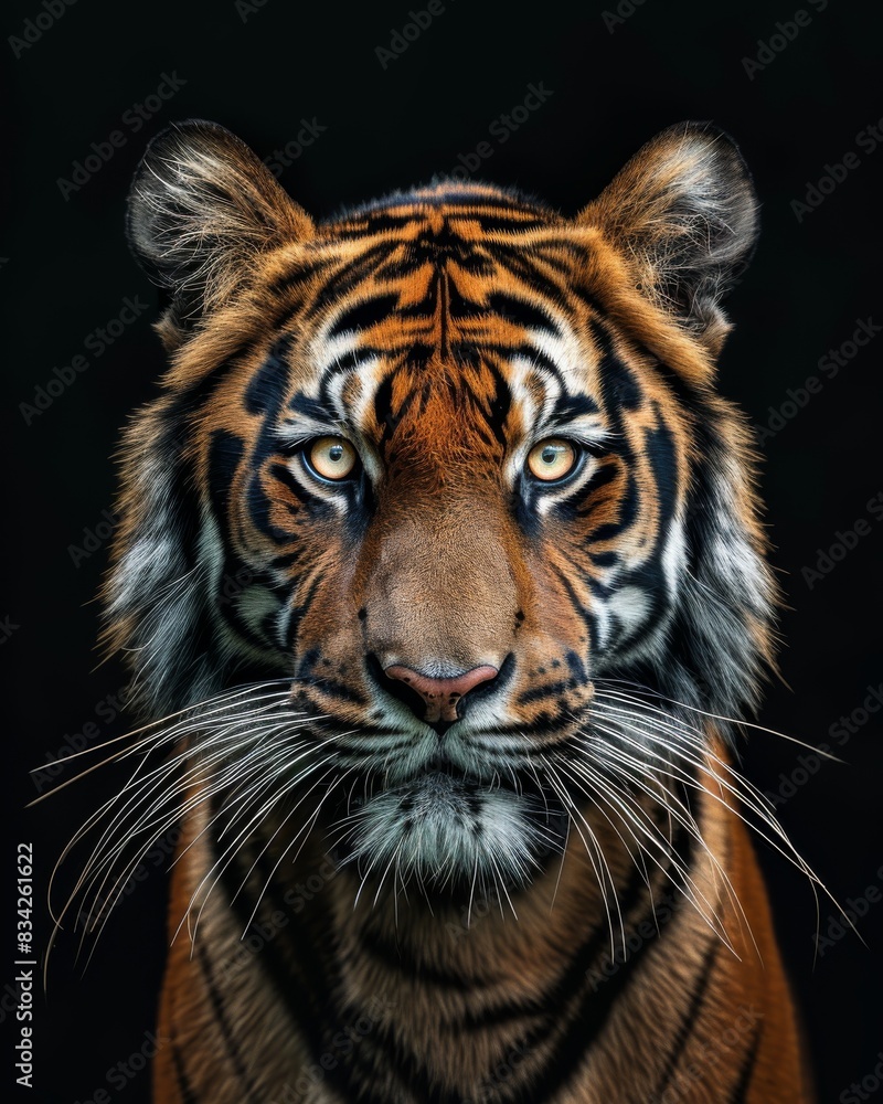 Fototapeta premium Mystic portrait of Bengal Tiger, copy space on right side, Anger, Menacing, Headshot, Close-up View Isolated on black background