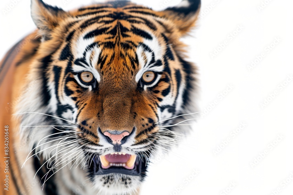 Fototapeta premium Mystic portrait of Bengal Tiger in studio, copy space on right side, Anger, Menacing, Headshot, Close-up View Isolated on white background