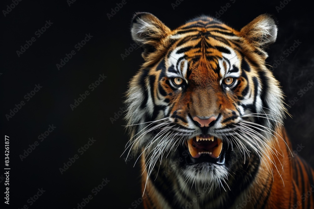Mystic portrait of Bengal Tiger in studio, copy space on right side, Anger, Menacing, Headshot, Close-up View Isolated on black background Mystic portrait of Bengal Tiger in studio, copy space on right side, Anger, Menacing, Headshot, Close-up View Isolated on black background