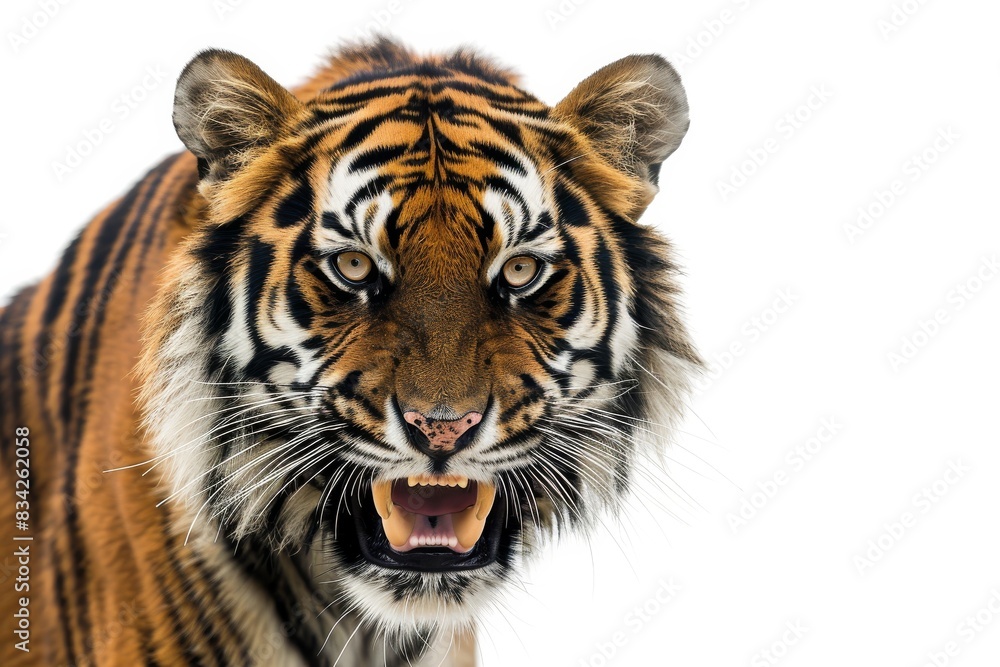 Naklejka premium Mystic portrait of Indochinese Tiger in studio, copy space on right side, Anger, Menacing, Headshot, Close-up View Isolated on white background