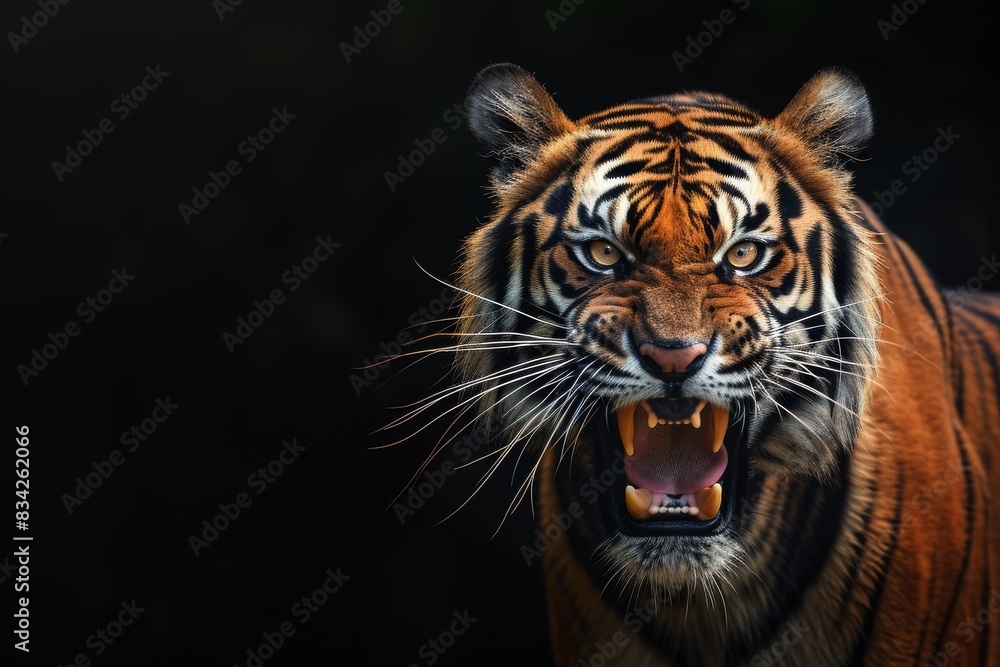 Fototapeta premium Mystic portrait of Indochinese Tiger in studio, copy space on right side, Anger, Menacing, Headshot, Close-up View Isolated on black background