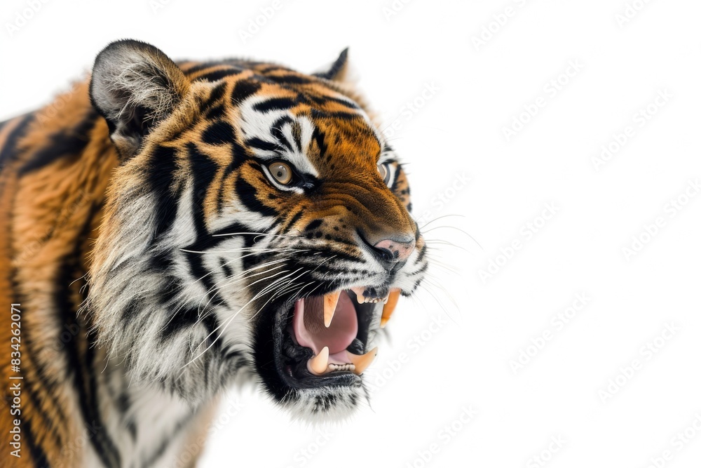 Mystic portrait of Indochinese Tiger in studio, copy space on right side, Anger, Menacing, Headshot, Close-up View Isolated on white background Mystic portrait of Indochinese Tiger in studio, copy space on right side, Anger, Menacing, Headshot, Close-up View Isolated on white background