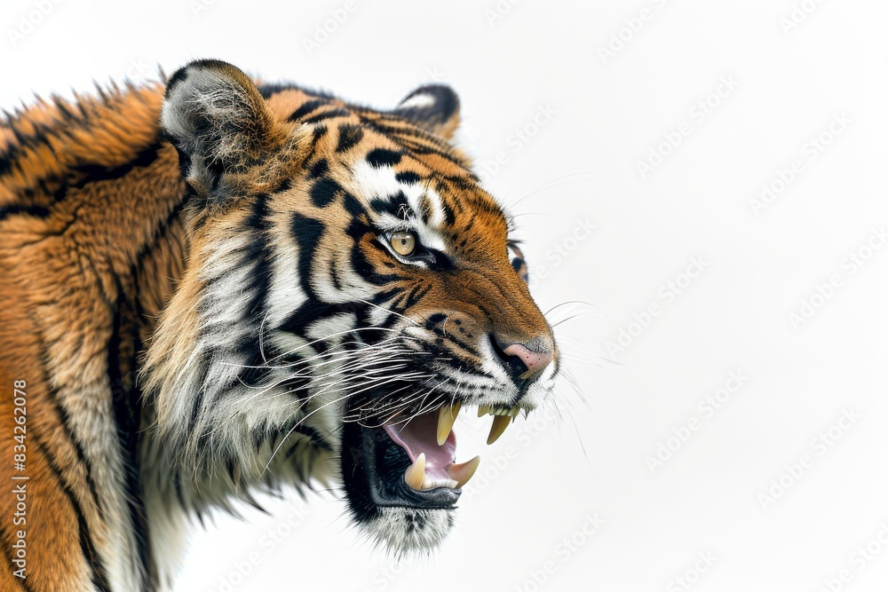 Naklejka premium Mystic portrait of Indochinese Tiger in studio, copy space on right side, Anger, Menacing, Headshot, Close-up View Isolated on white background