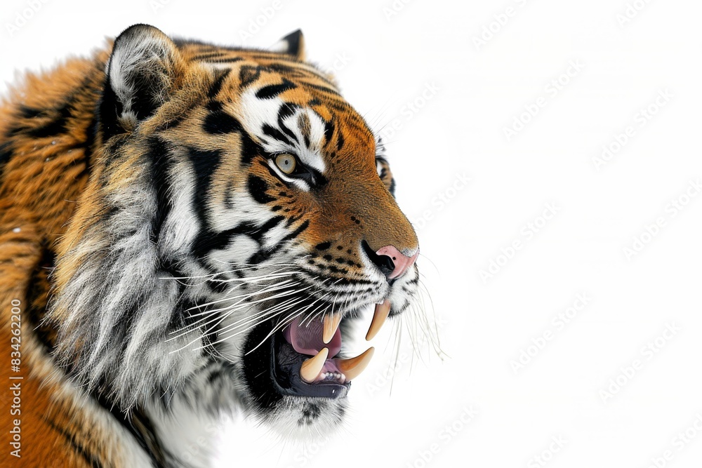 Naklejka premium Mystic portrait of Siberian Tiger in studio, copy space on right side, Anger, Menacing, Headshot, Close-up View Isolated on white background