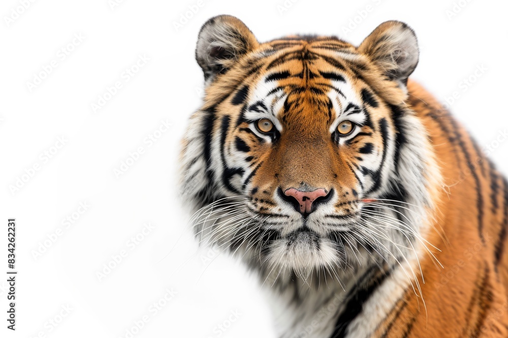 Fototapeta premium Mystic portrait of Siberian Tiger in studio, copy space on right side, Anger, Menacing, Headshot, Close-up View Isolated on white background