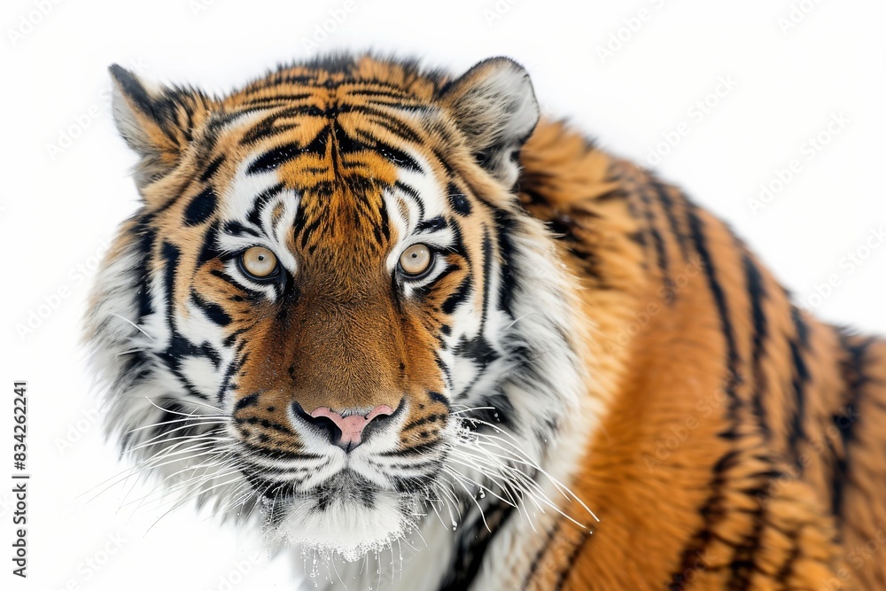 Fototapeta premium Mystic portrait of Siberian Tiger in studio, copy space on right side, Anger, Menacing, Headshot, Close-up View Isolated on white background