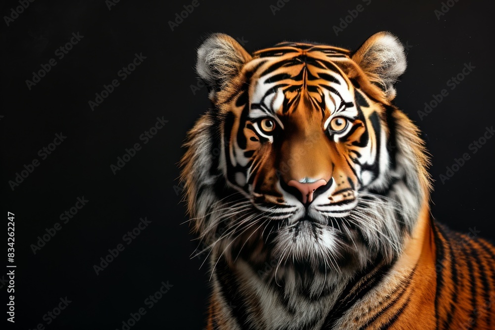 Mystic portrait of Siberian Tiger in studio, copy space on right side, Anger, Menacing, Headshot, Close-up View Isolated on black background