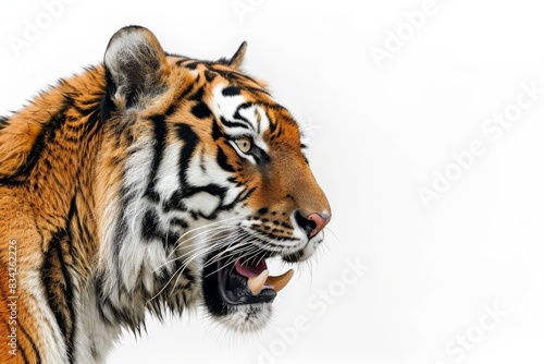 Mystic portrait of Siberian Tiger in studio  copy space on right side  Anger  Menacing  Headshot  Close-up View Isolated on white background