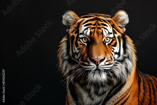 Mystic portrait of Siberian Tiger in studio  copy space on right side  Anger  Menacing  Headshot  Close-up View Isolated on black background