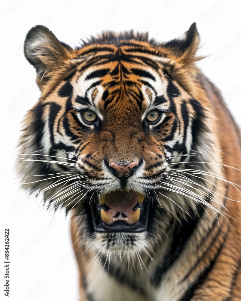 Mystic portrait of Sumatran Tiger, copy space on right side, Anger, Menacing, Headshot, Close-up View Isolated on white background Mystic portrait of Sumatran Tiger, copy space on right side, Anger, Menacing, Headshot, Close-up View Isolated on white background
