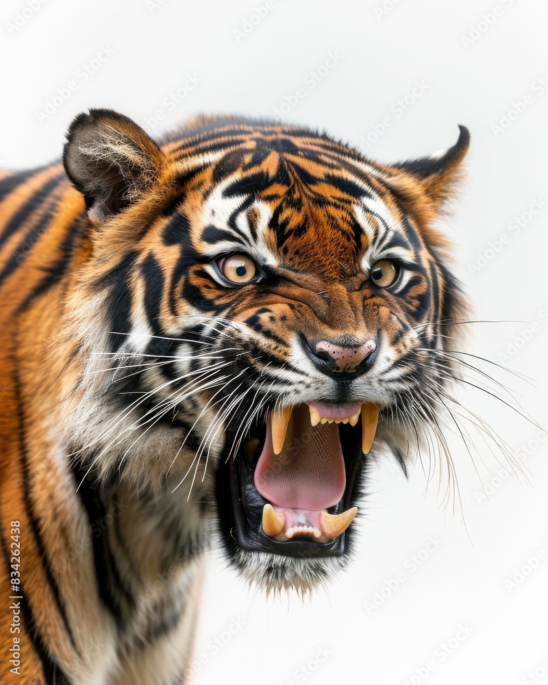 Obraz premium Mystic portrait of Sumatran Tiger, copy space on right side, Anger, Menacing, Headshot, Close-up View Isolated on white background