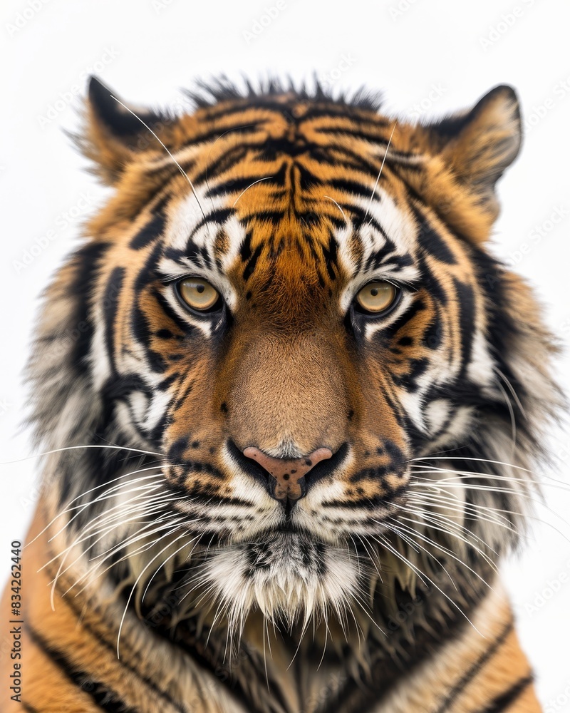 Obraz premium Mystic portrait of Sumatran Tiger, copy space on right side, Anger, Menacing, Headshot, Close-up View Isolated on white background