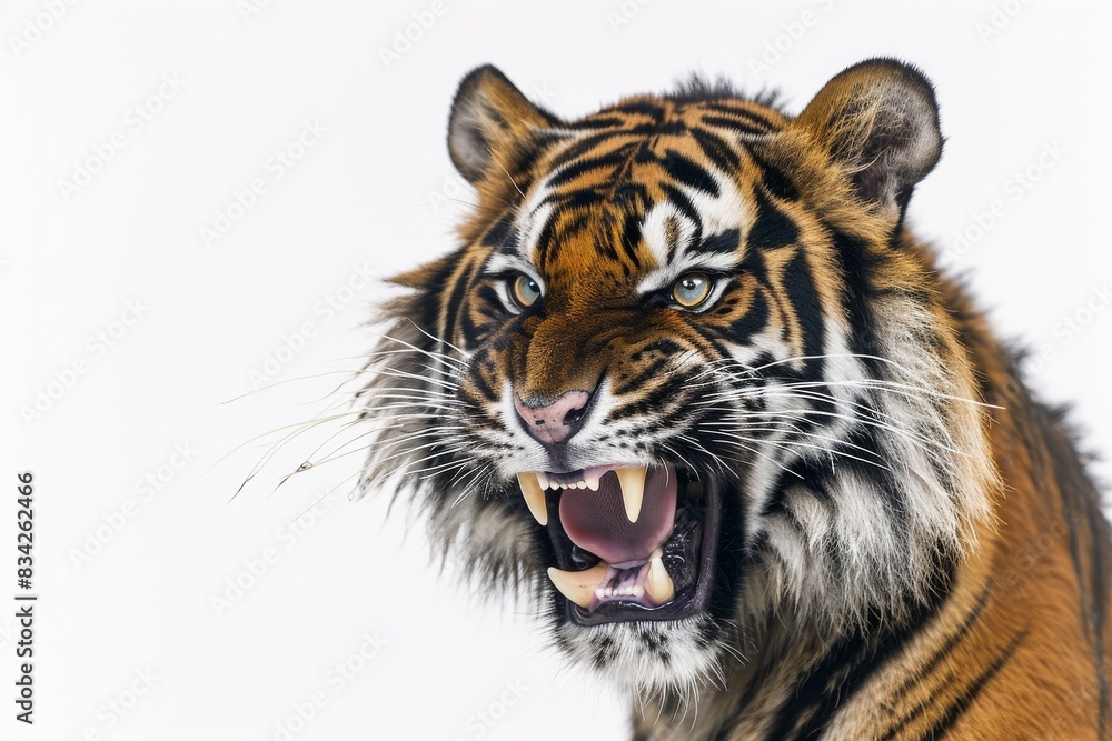 Mystic portrait of Sumatran Tiger in studio, copy space on right side, Anger, Menacing, Headshot, Close-up View Isolated on white background Mystic portrait of Sumatran Tiger in studio, copy space on right side, Anger, Menacing, Headshot, Close-up View Isolated on white background