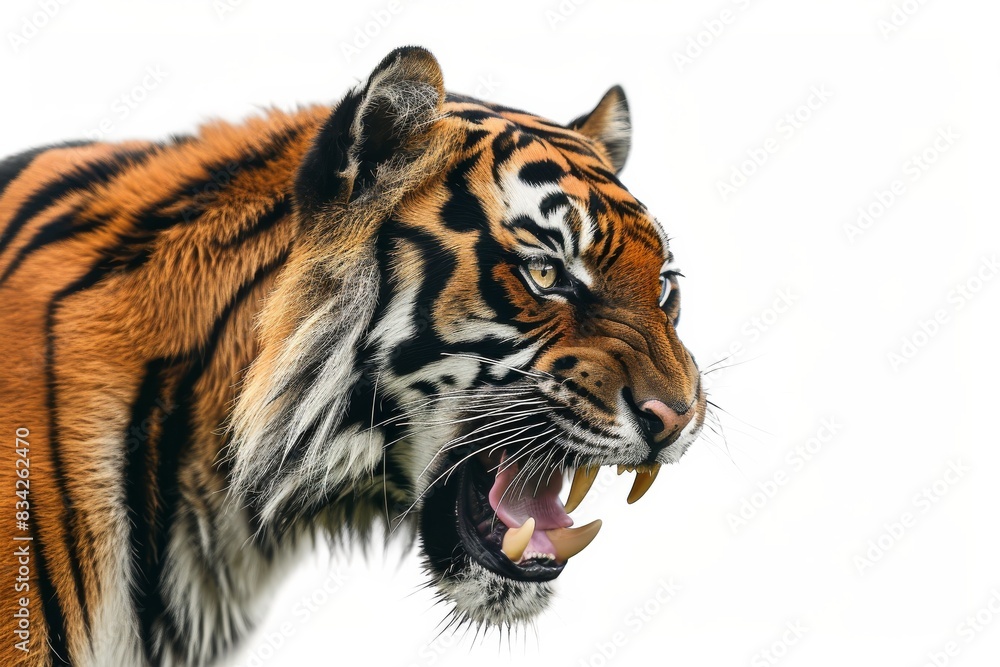Obraz premium Mystic portrait of Sumatran Tiger in studio, copy space on right side, Anger, Menacing, Headshot, Close-up View Isolated on white background