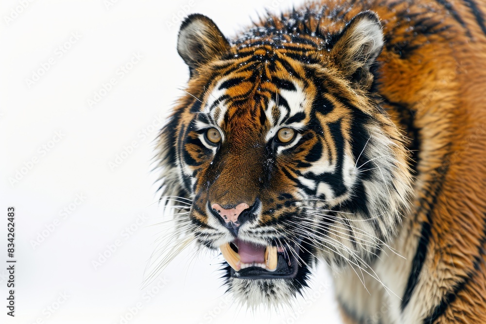 Mystic portrait of Sumatran Tiger in studio, copy space on right side, Anger, Menacing, Headshot, Close-up View Isolated on white background Mystic portrait of Sumatran Tiger in studio, copy space on right side, Anger, Menacing, Headshot, Close-up View Isolated on white background