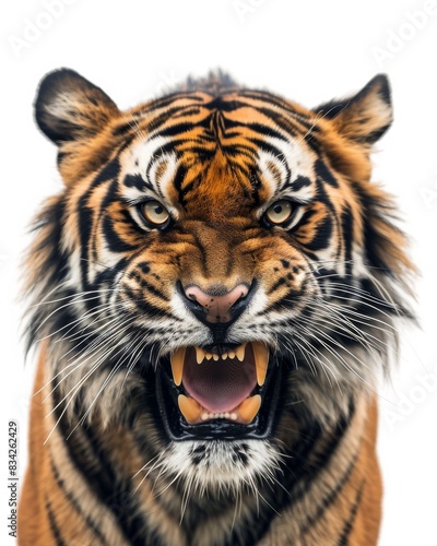 Mystic portrait of Sumatran Tiger  copy space on right side  Anger  Menacing  Headshot  Close-up View Isolated on white background