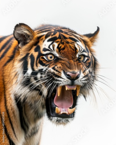 Mystic portrait of Sumatran Tiger  copy space on right side  Anger  Menacing  Headshot  Close-up View Isolated on white background