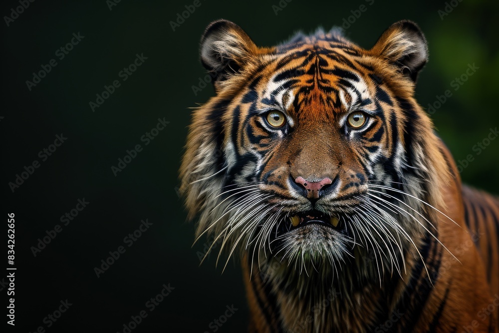 Mystic portrait of Sumatran Tiger in studio, copy space on right side, Anger, Menacing, Headshot, Close-up View Isolated on black background Mystic portrait of Sumatran Tiger in studio, copy space on right side, Anger, Menacing, Headshot, Close-up View Isolated on black background