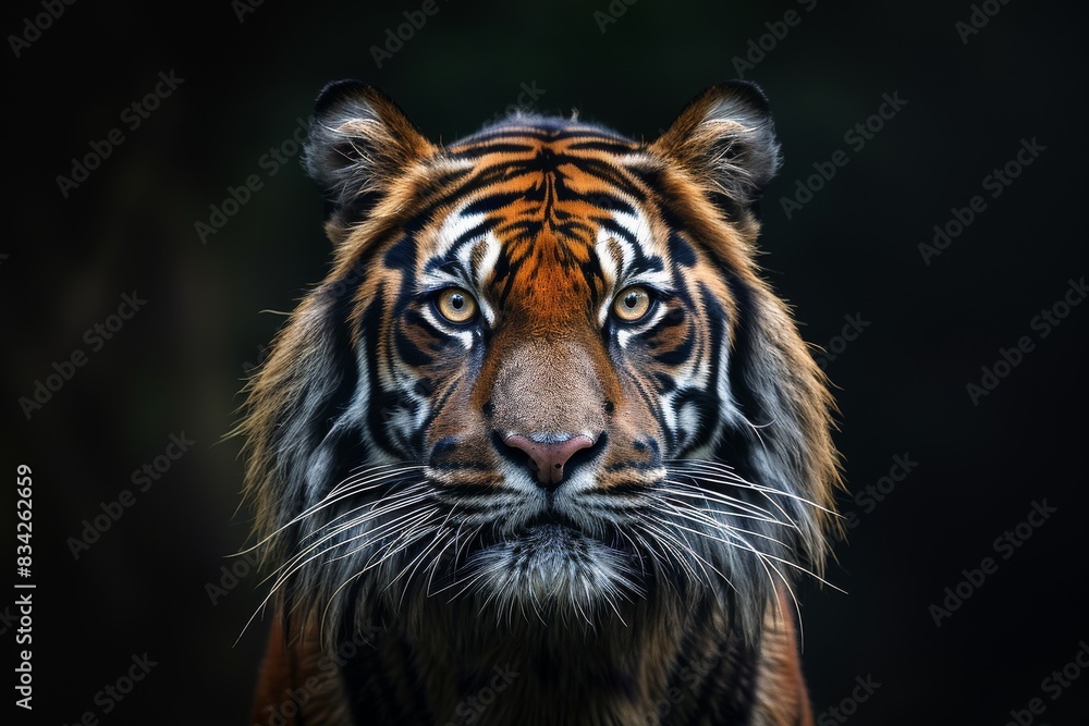 Mystic portrait of Sumatran Tiger in studio, copy space on right side, Anger, Menacing, Headshot, Close-up View Isolated on black background Mystic portrait of Sumatran Tiger in studio, copy space on right side, Anger, Menacing, Headshot, Close-up View Isolated on black background