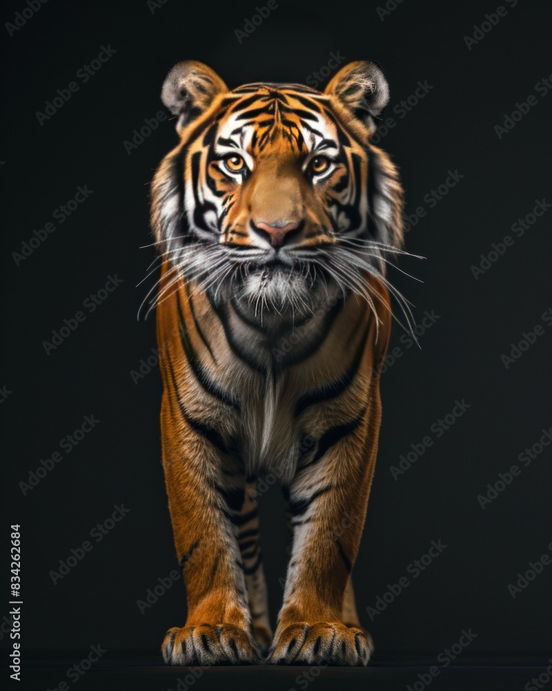 Obraz premium the Bengal Tiger, portrait view, white copy space on right Isolated on black background