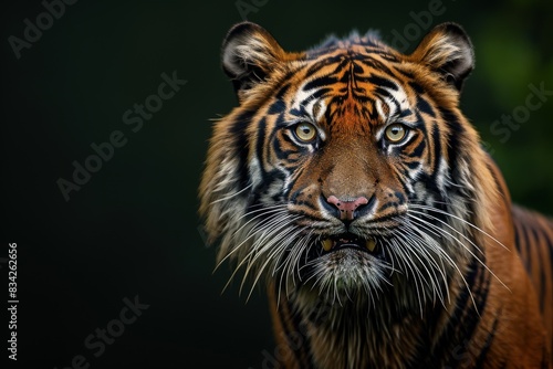 Mystic portrait of Sumatran Tiger in studio  copy space on right side  Anger  Menacing  Headshot  Close-up View Isolated on black background