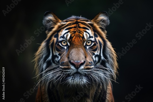 Mystic portrait of Sumatran Tiger in studio  copy space on right side  Anger  Menacing  Headshot  Close-up View Isolated on black background
