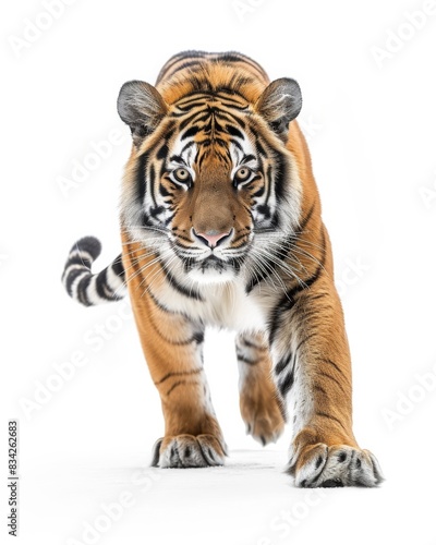 the Bengal Tiger  portrait view  white copy space on right Isolated on white background