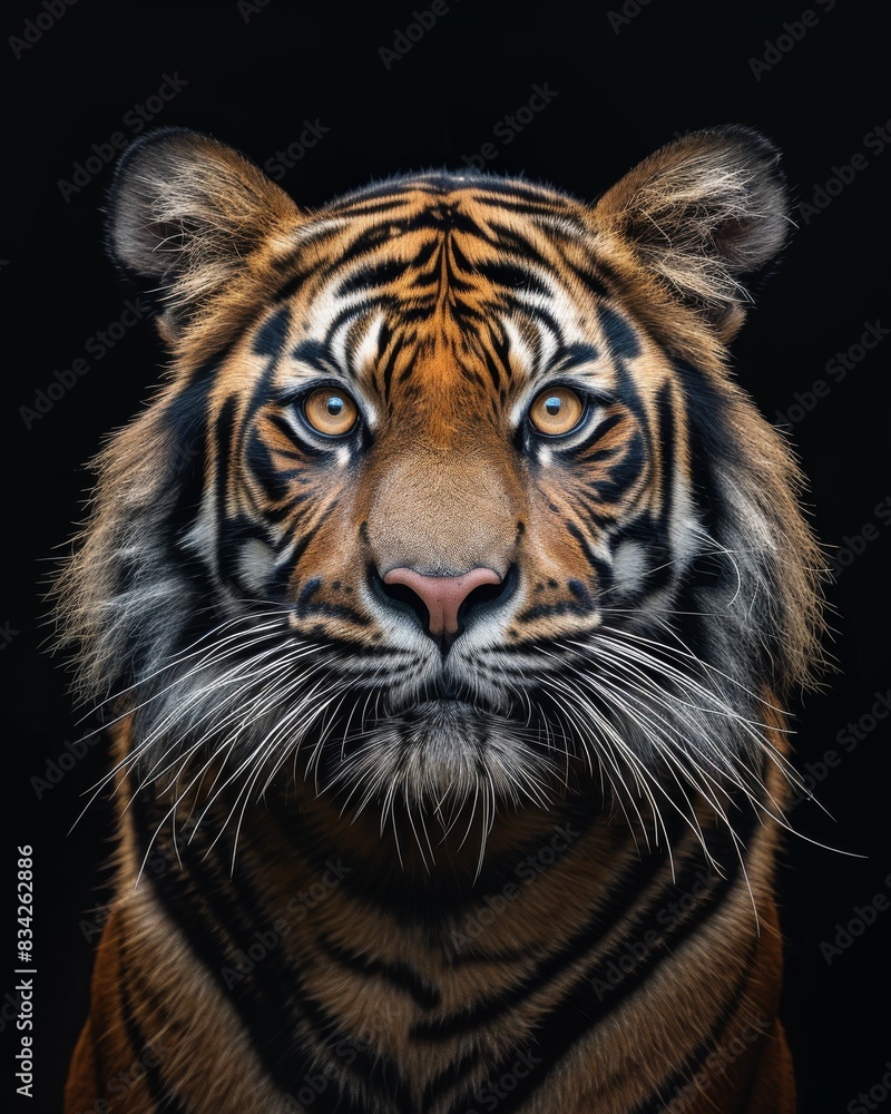 Fototapeta premium the Sumatran Tiger, portrait view, white copy space on right Isolated on black background