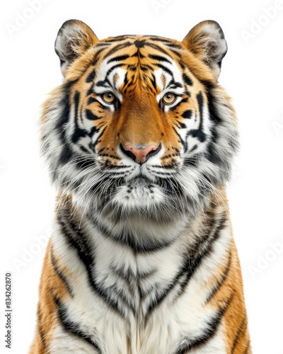 the Siberian Tiger  portrait view  white copy space on right Isolated on white background