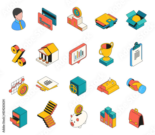 Set of business isometric icons. Colorful signs with entrepreneur, money symbols, financial statistics, income growth and company development. 3D vector collection isolated on white background