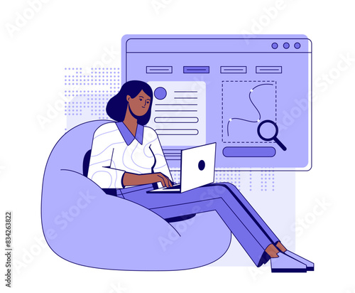 Business activity scene. Girl office employee with laptop analyzes graphs and charts and optimizes search engines for company development. Flat vector illustration isolated on white background