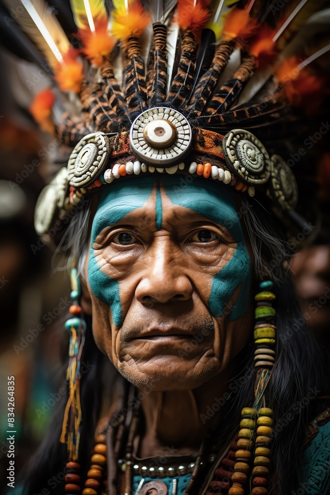 Closeup of men in traditional attire, serious expressions, colorful headdresses