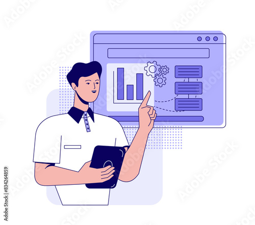 Business activity scene. Male entrepreneur presenting financial report with graphs and charts. Company growth and development strategies. Flat vector illustration isolated on white background