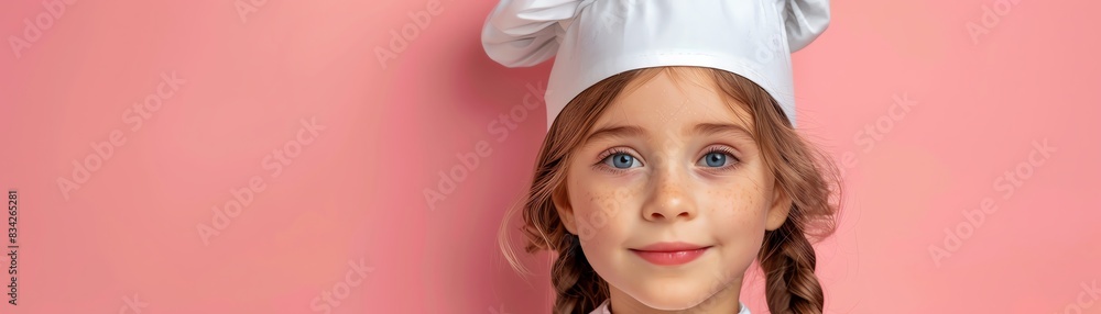 Little girl in chefs outfit, pink background, adorable look Little girl in chefs outfit, pink background, adorable look