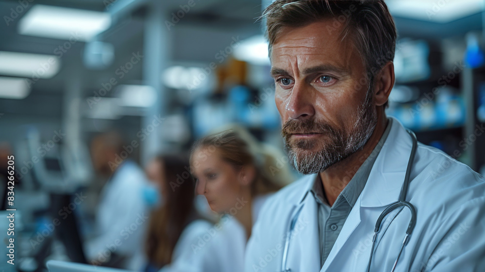 A doctor in a white lab coat is looking at a tablet computer,generative ai A doctor in a white lab coat is looking at a tablet computer,generative ai