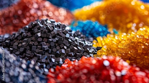 Detailed shot of colorful plastic granules used in the chemical industry, highlighting their significance in petroleum products