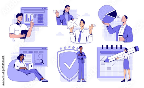 Set of business activity scenes. People entrepreneurs or office workers analyze financial statistics, develop growth strategy and manage time. Flat vector illustrations isolated on white background