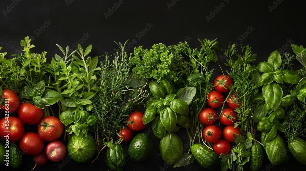 Detailed close shot of fresh vegetables and herbs in a row with braces, space for text, ideal for advertising, isolated background, studio lighting Detailed close shot of fresh vegetables and herbs in a row with braces, space for text, ideal for advertising, isolated background, studio lighting