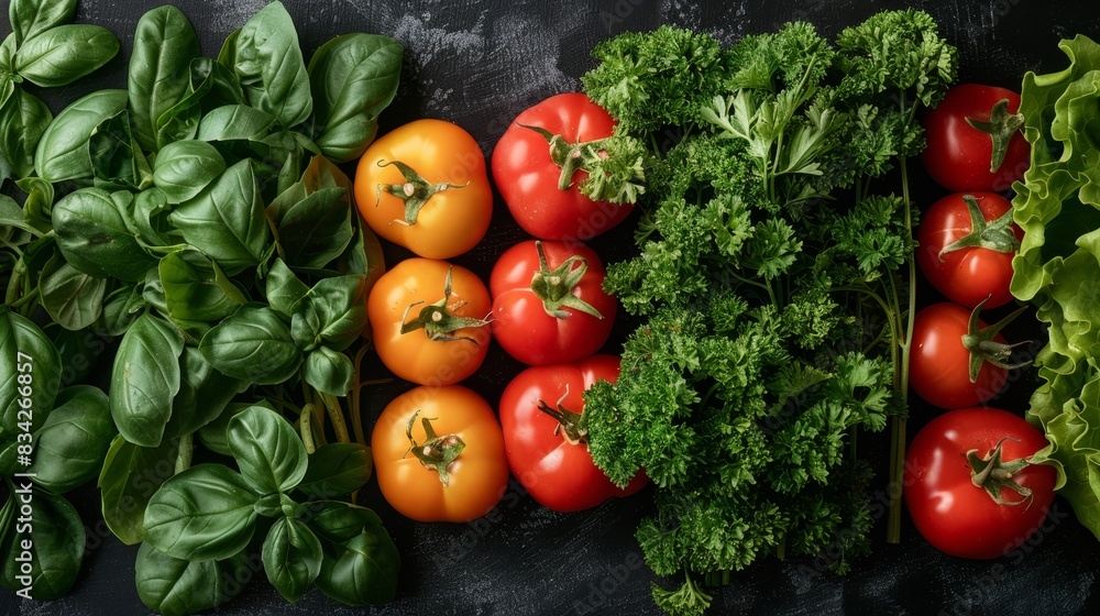 Detailed close shot of fresh vegetables and herbs in a row with braces, space for text, ideal for advertising, isolated background, studio lighting Detailed close shot of fresh vegetables and herbs in a row with braces, space for text, ideal for advertising, isolated background, studio lighting