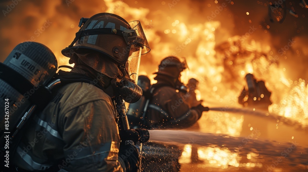Detailed close-up of firefighters using hoses to put out a blazing fire, intense emergency response scene