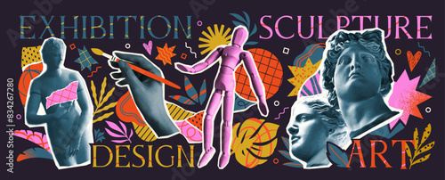 Abstract art objects banner. Groove poster with sculptures, statues and painting for design exhibition. Flyer for classical art festival. Background in Halftone style. Vector illustration