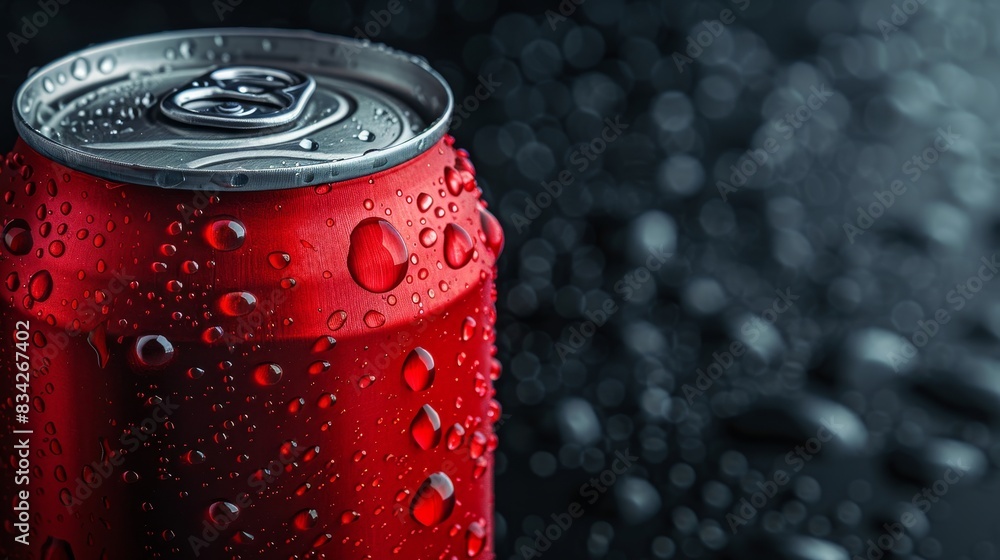 Cold soda can close-up with droplets, blank space for text, ideal for product promotion, isolated background, studio lighting Cold soda can close-up with droplets, blank space for text, ideal for product promotion, isolated background, studio lighting