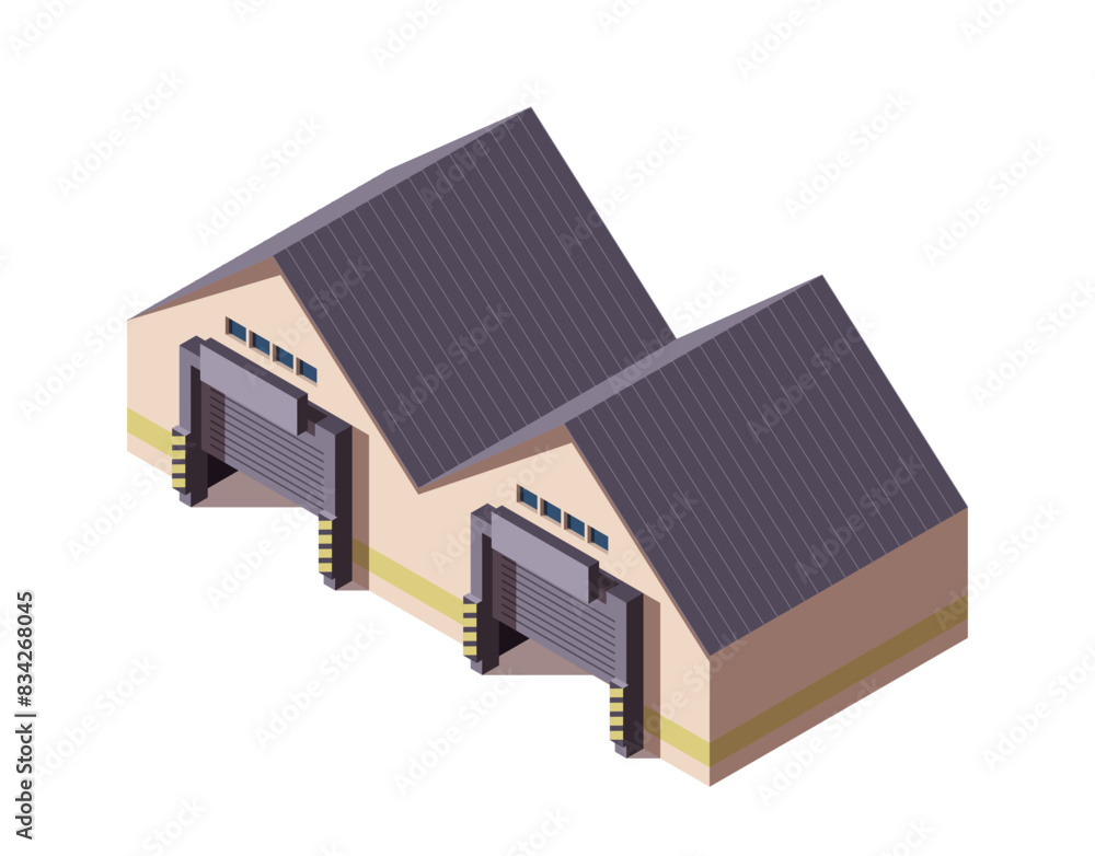 Factory isometric icon. Buildings for storage, distribution and shipping of manufacturing facilities. Industrial warehouses and logistics hangars. 3D vector illustration isolated on background Factory isometric icon. Buildings for storage, distribution and shipping of manufacturing facilities. Industrial warehouses and logistics hangars. 3D vector illustration isolated on background