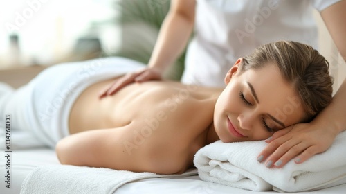 High-quality image of a woman lying on a massage bed with a therapist working on her back photo