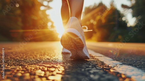 High-quality image of a woman beginning her run on a sunlit road, focusing on her athletic shoes