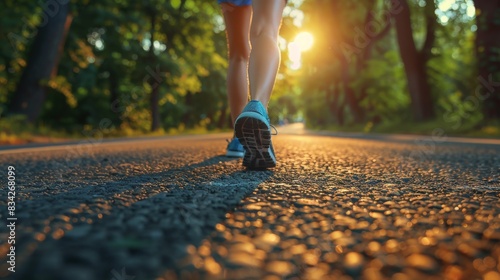 a woman beginning her run on a sunlit road, with focus on her shoes