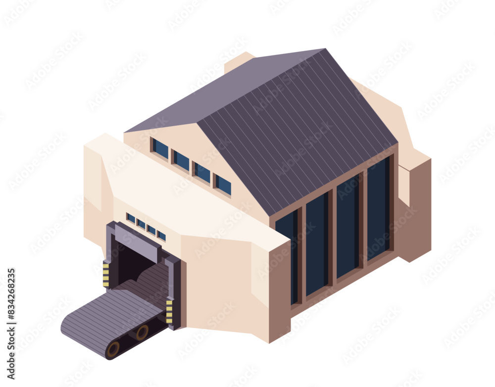 Factory isometric icon. Industrial building with production conveyor for automating manufacturing processes. Equipment for plant or station. 3D vector illustration isolated on white background Factory isometric icon. Industrial building with production conveyor for automating manufacturing processes. Equipment for plant or station. 3D vector illustration isolated on white background